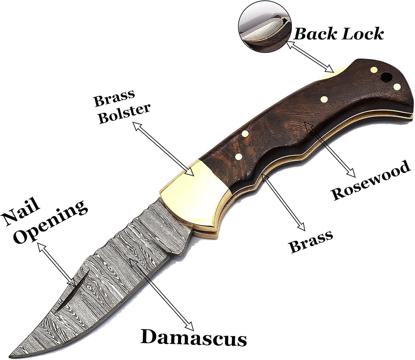 Handmade Damascus Steel Folding Pocket Knife, Rosewood Handle, Hunting Camping Survival Blade