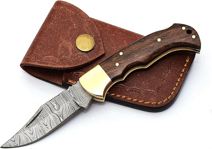 Handmade Damascus Steel Folding Pocket Knife, Rosewood Handle, Hunting Camping Survival Blade