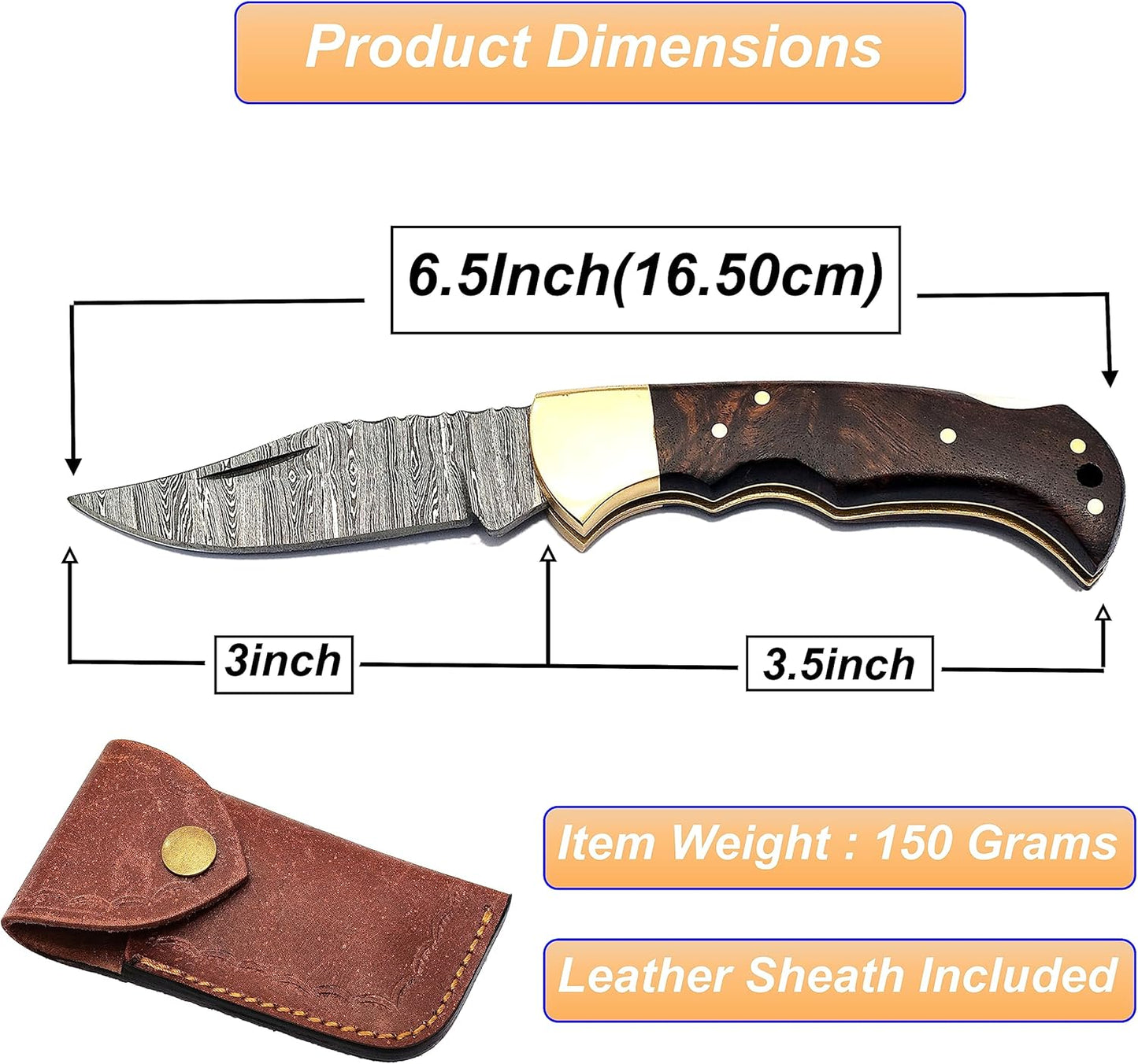 Handmade Damascus Steel Folding Pocket Knife, Rosewood Handle, Hunting Camping Survival Blade
