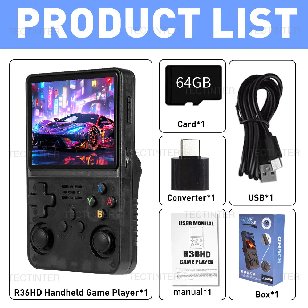 R36HD 3.5-inch IPS Screen Portable Handheld Game Player Linux System Mini Retro Video Game Console Built-in 64G 20000+ Games