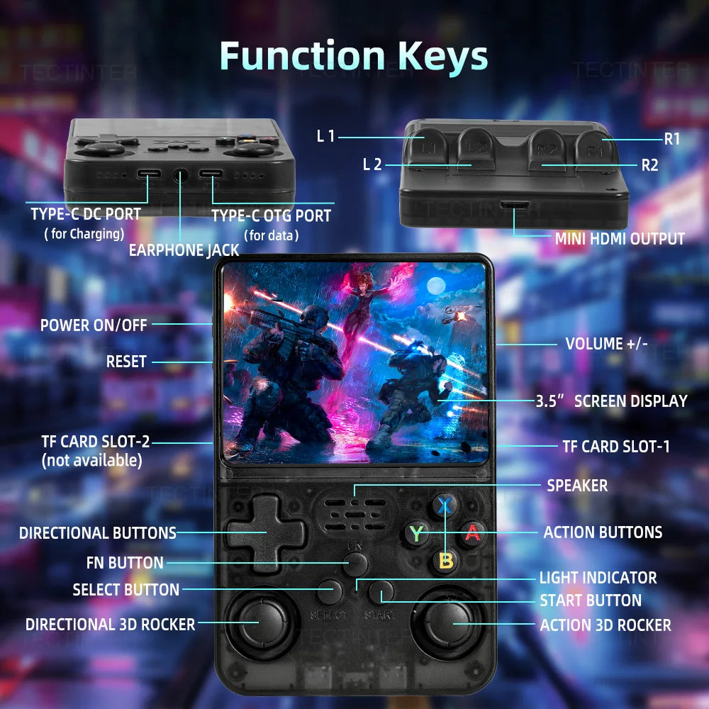 R36HD 3.5-inch IPS Screen Portable Handheld Game Player Linux System Mini Retro Video Game Console Built-in 64G 20000+ Games